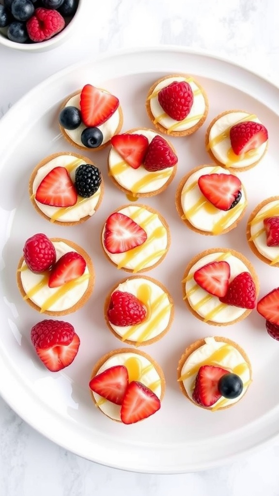 Plate of no-bake cheesecake bites with graham cracker crust topped with berries and honey, set against a light background.